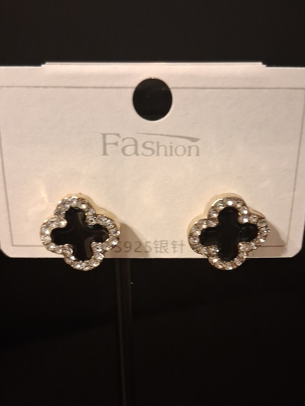 Black Clover Earrings With Sparkling Rhinestones & 925 Post New